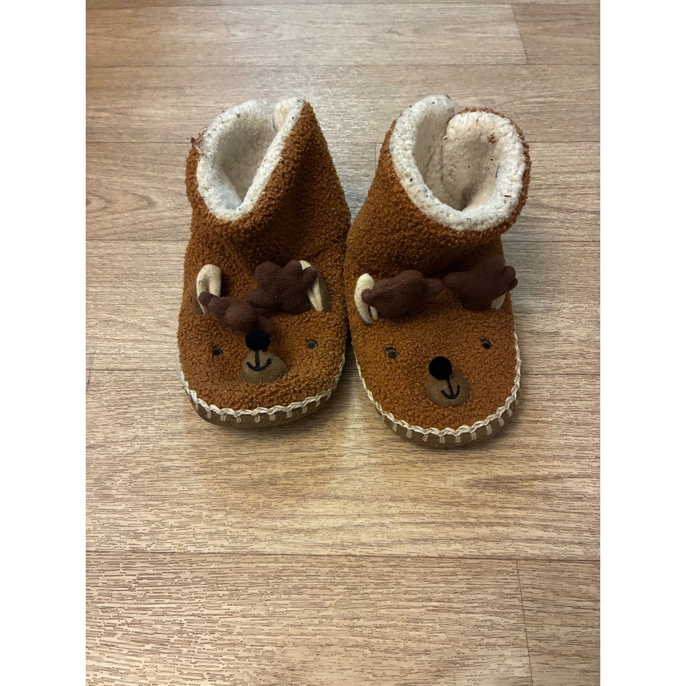 Hanna Andersson Kids Reindeer Sherpa Slippers Brown Fleece Booties Size 13-17
